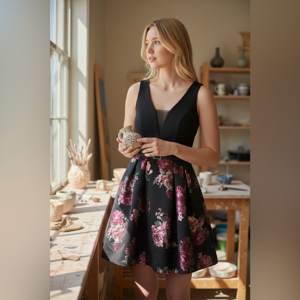 Crystal Doll Black and Pink Floral Mini Dress